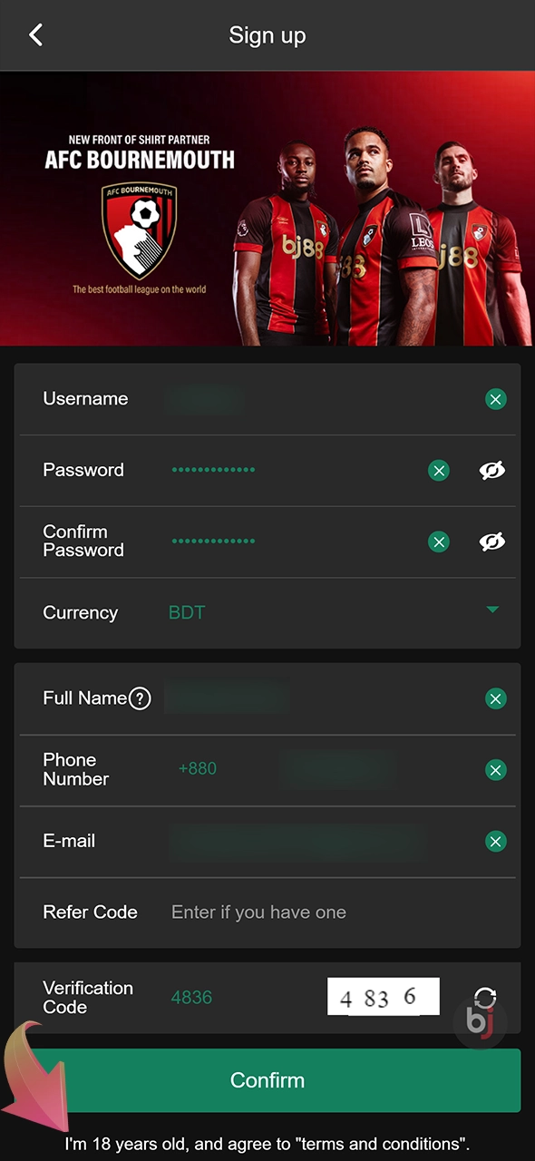 To continue the registration at Baji Live, confirm your age and agree with terms.
