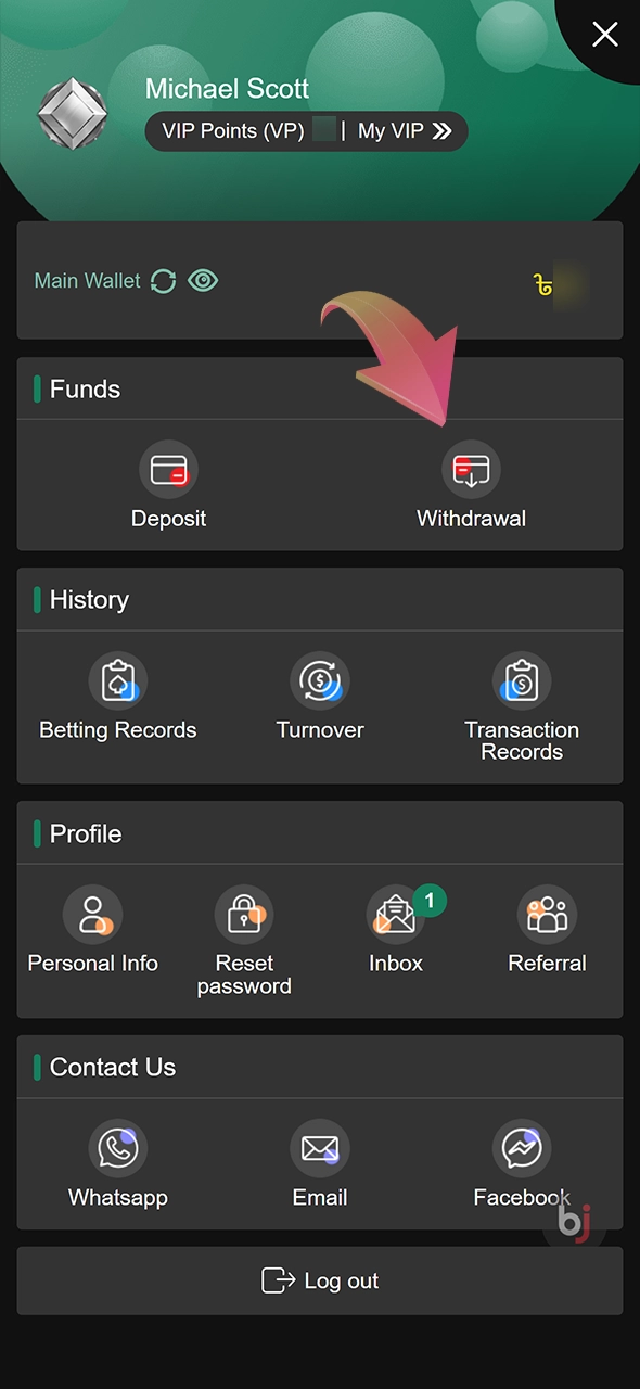 At Baji Live website choose the Withdrawal section.