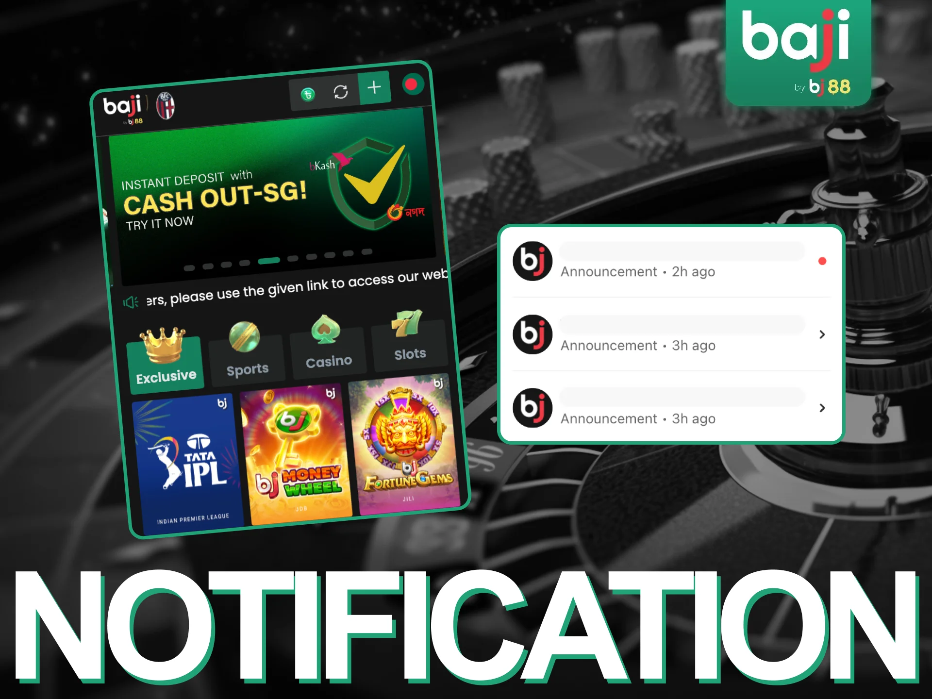 Baji Live online casino app sends players notifications about important events.