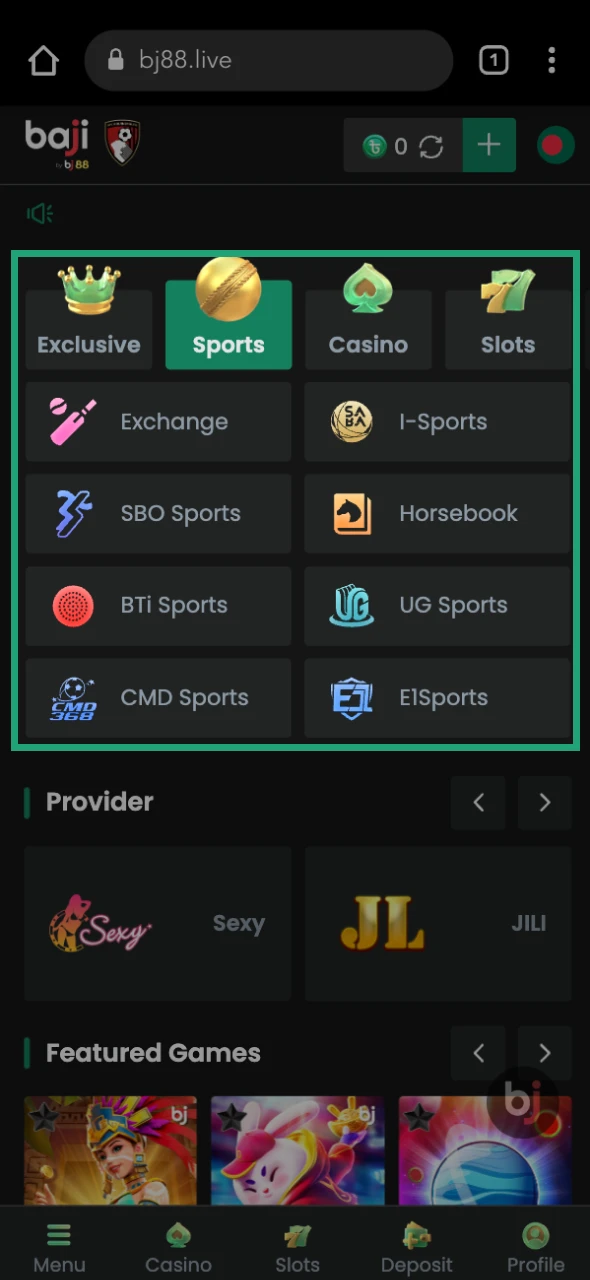 Go to the sports section on the Baji Live online casino website.