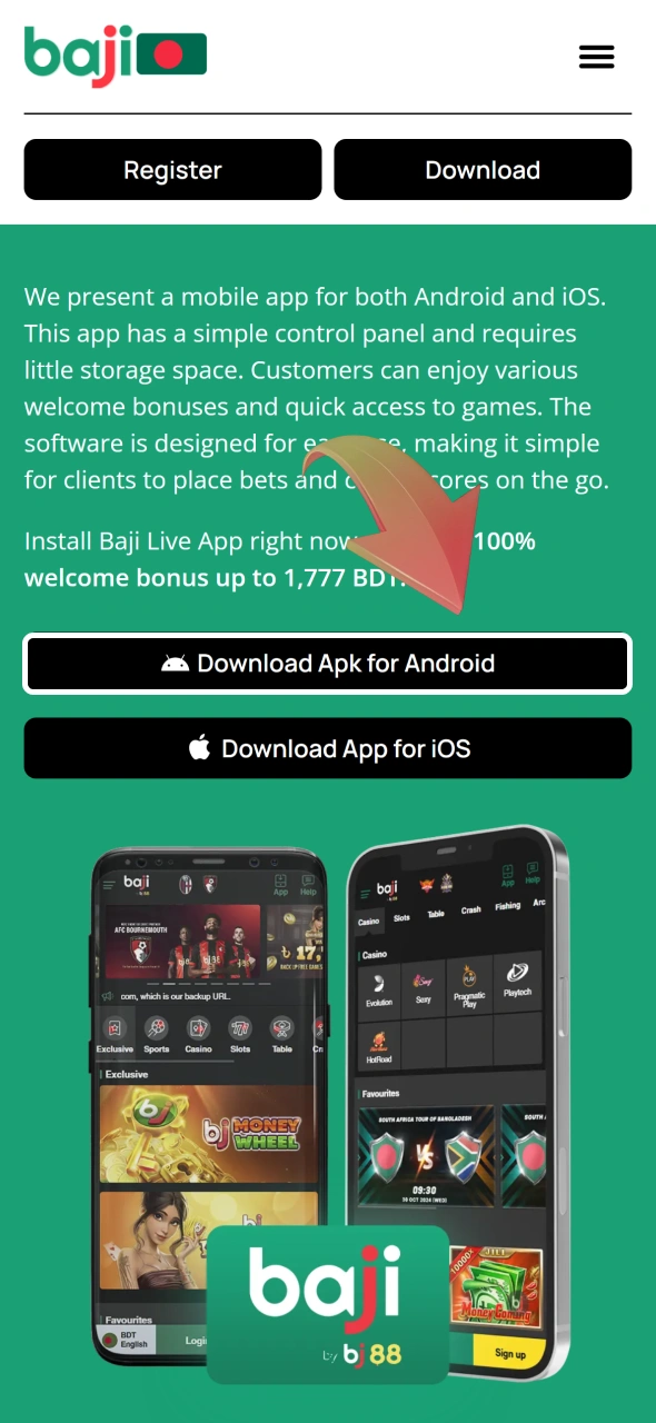 Look for the android download button on the Baji Live.