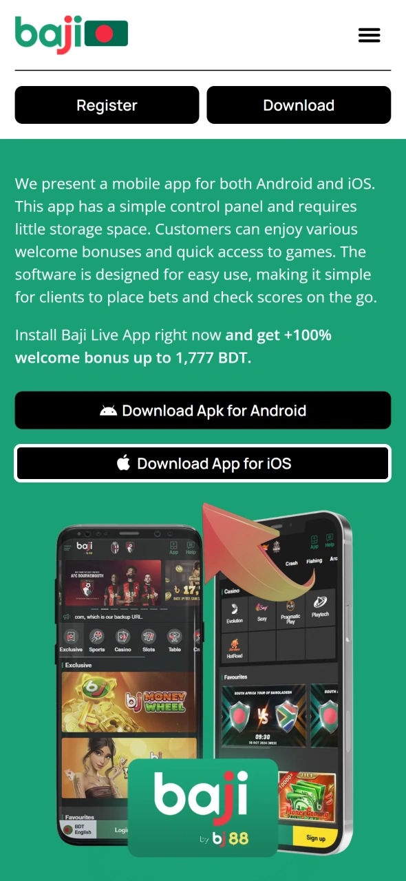 To begin, you need to press the Click Download for iOS button at the Baji Live website.