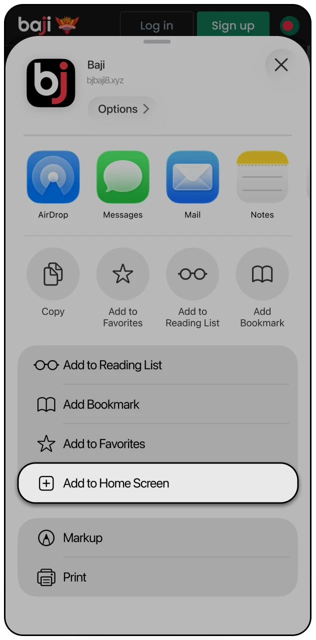Select the add to home screen option for Baji Live iOS access.
