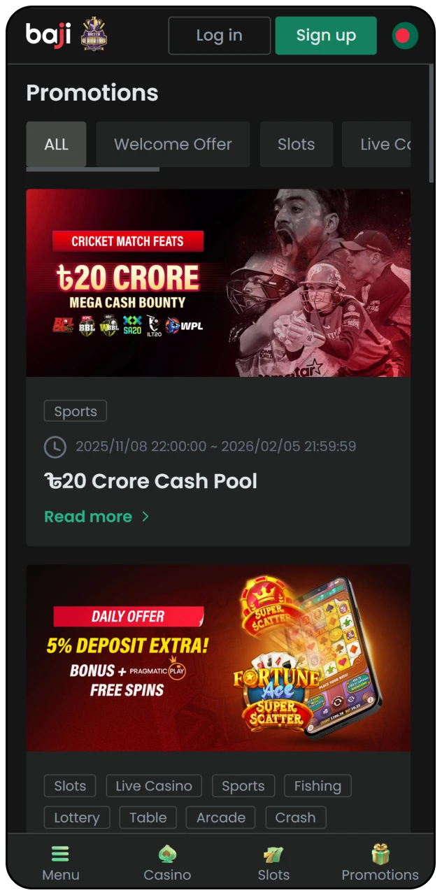 Check the Baji Live bonuses page to claim your exclusive welcome rewards.