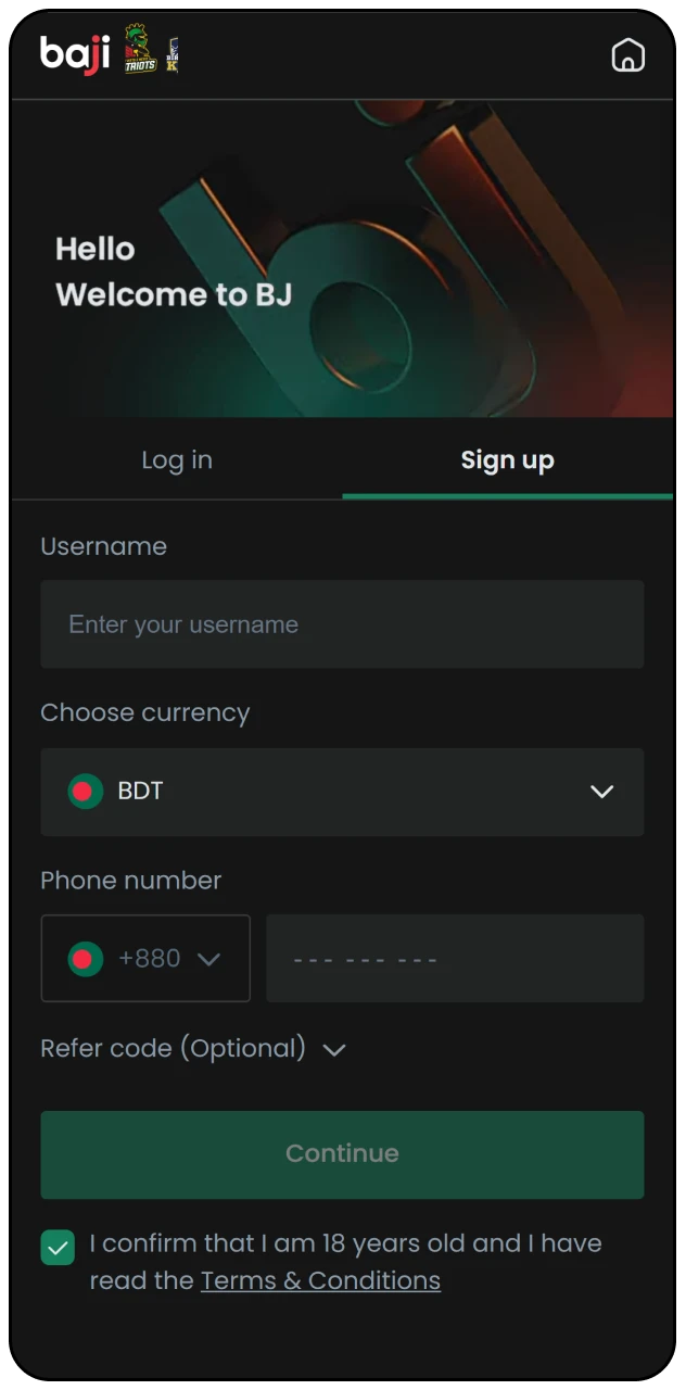 Open the Baji Live registration screen to create your new player account.