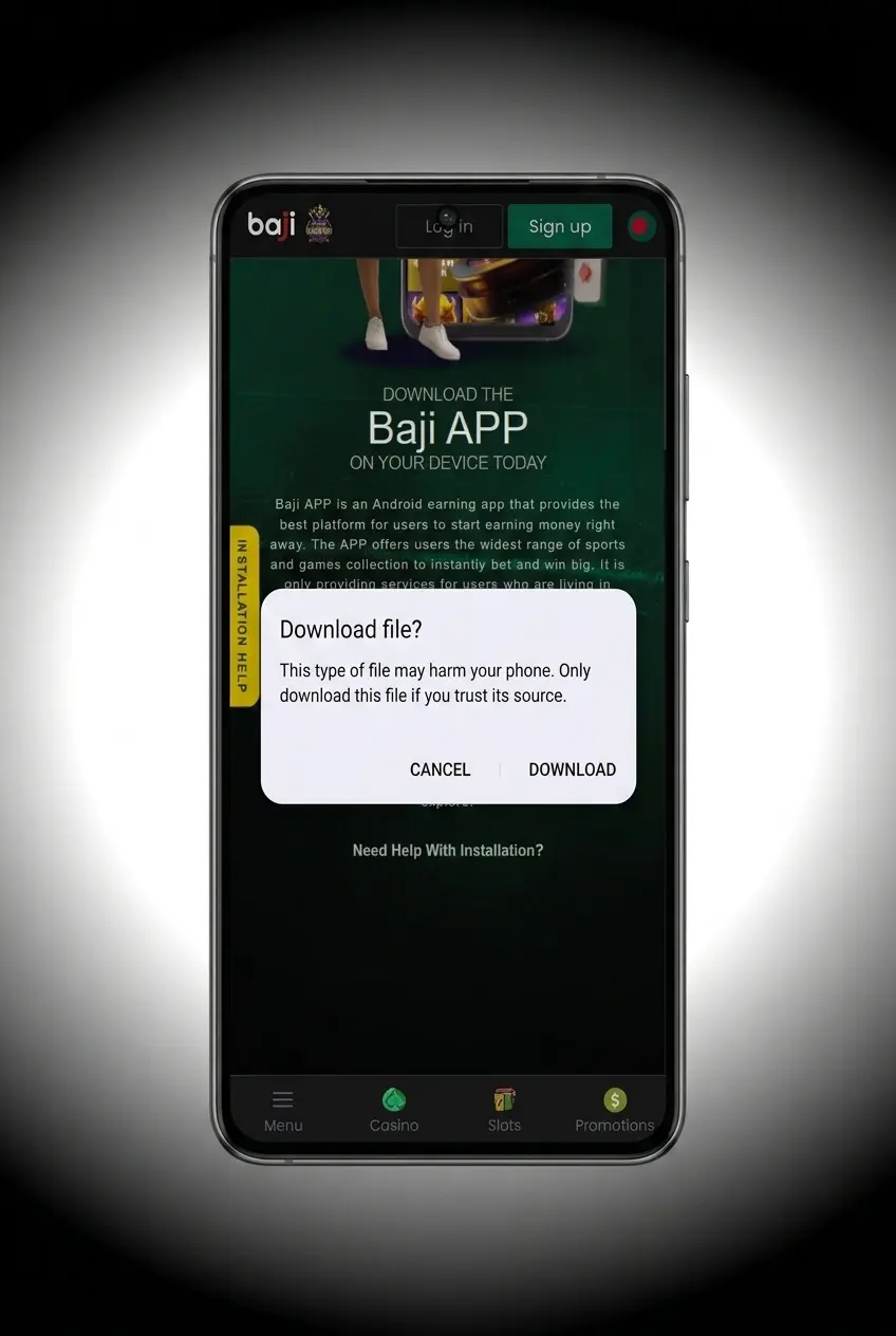 Baji Live APK download steps for Android showing install from unknown sources setting and file manager setup