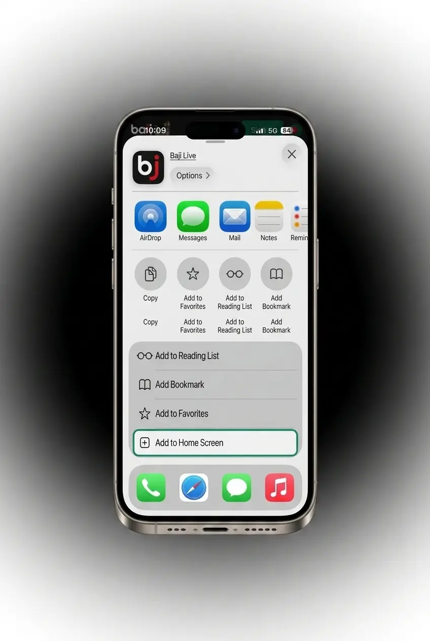 Baji Live iOS PWA installation steps showing Safari Share icon and Add to Home Screen process for iPhone users