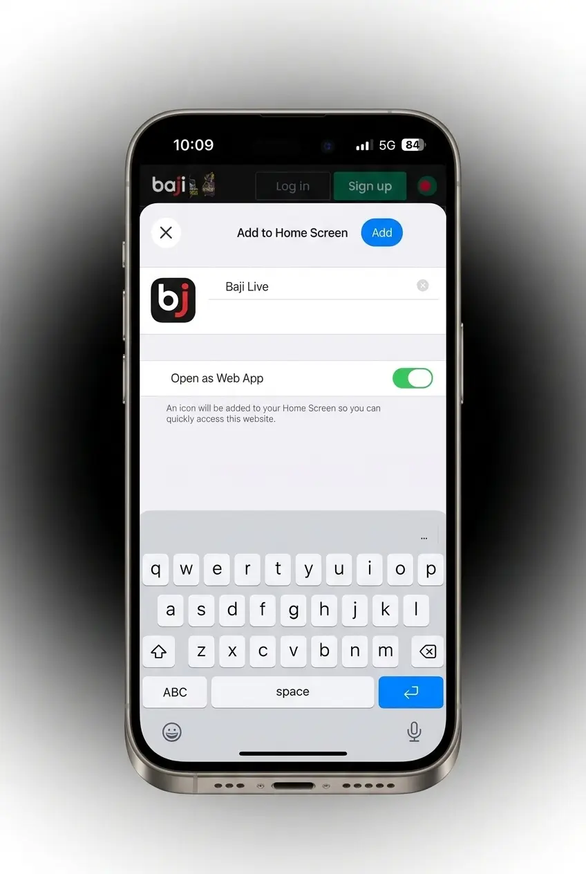 Baji Live iOS PWA installation steps showing Safari Share icon and Add to Home Screen process for iPhone users