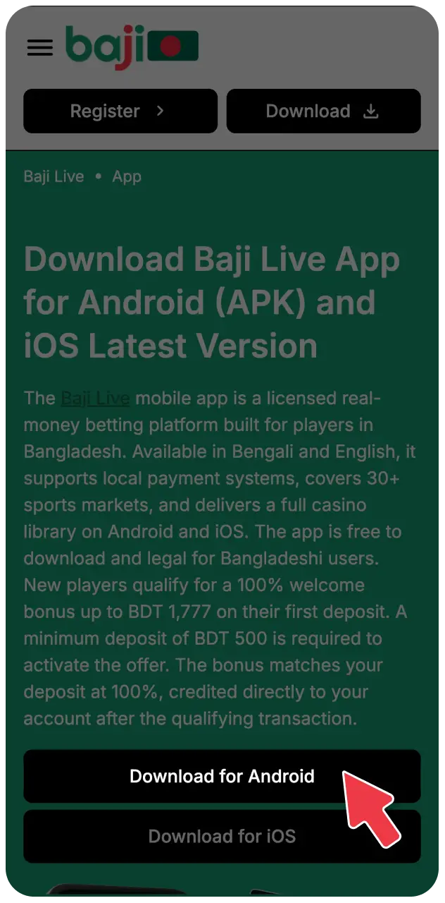 Click the download button to start downloading the official Baji APK file on your mobile device in Bangladesh.