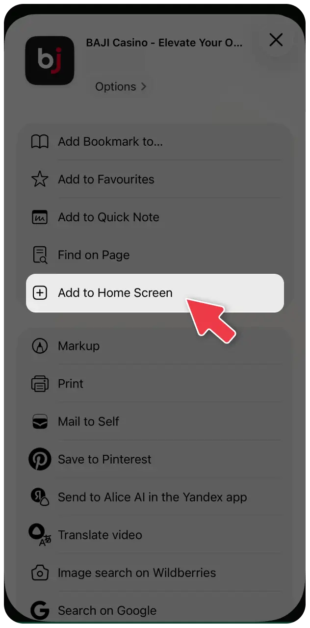 Select “Add to Home Screen” to create a convenient shortcut for Baji on your iPhone or iPad.