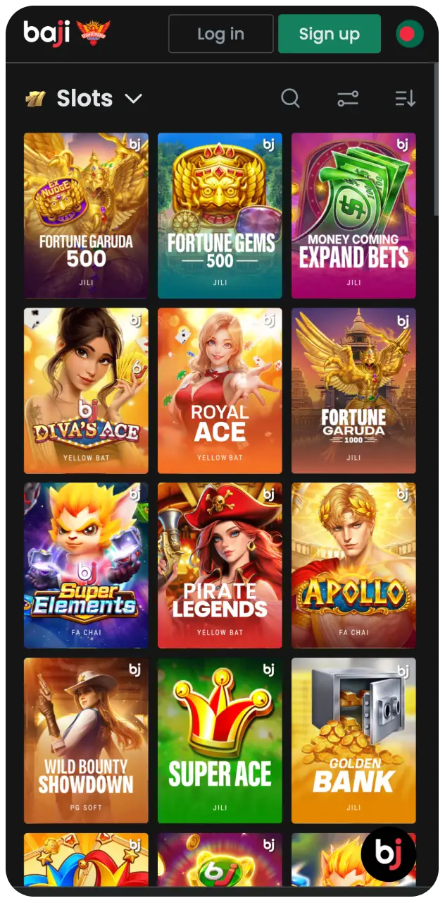 Check out the slots app interface on Baji to easily discover and play top mobile slot games in Bangladesh.