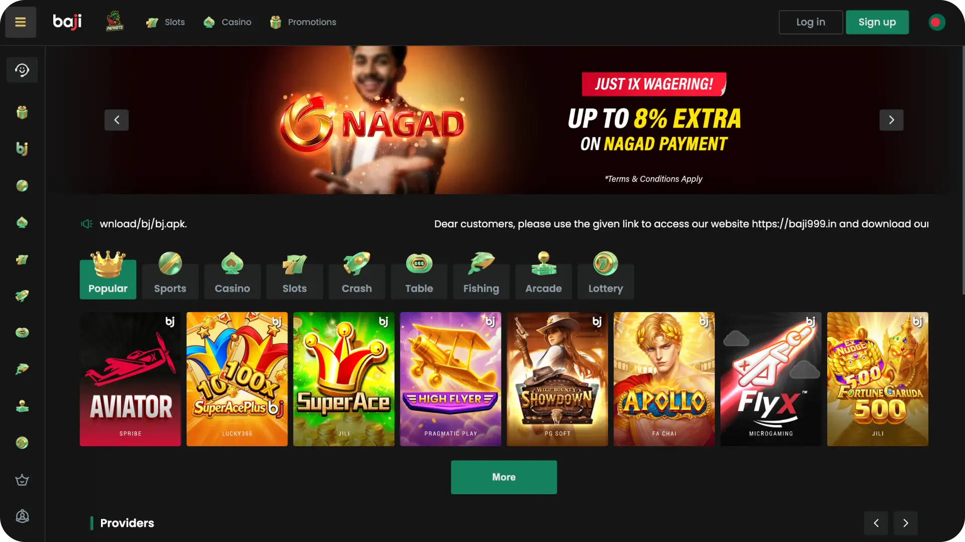 Explore the main home interface on Baji to navigate seamless access to all casino games and features.