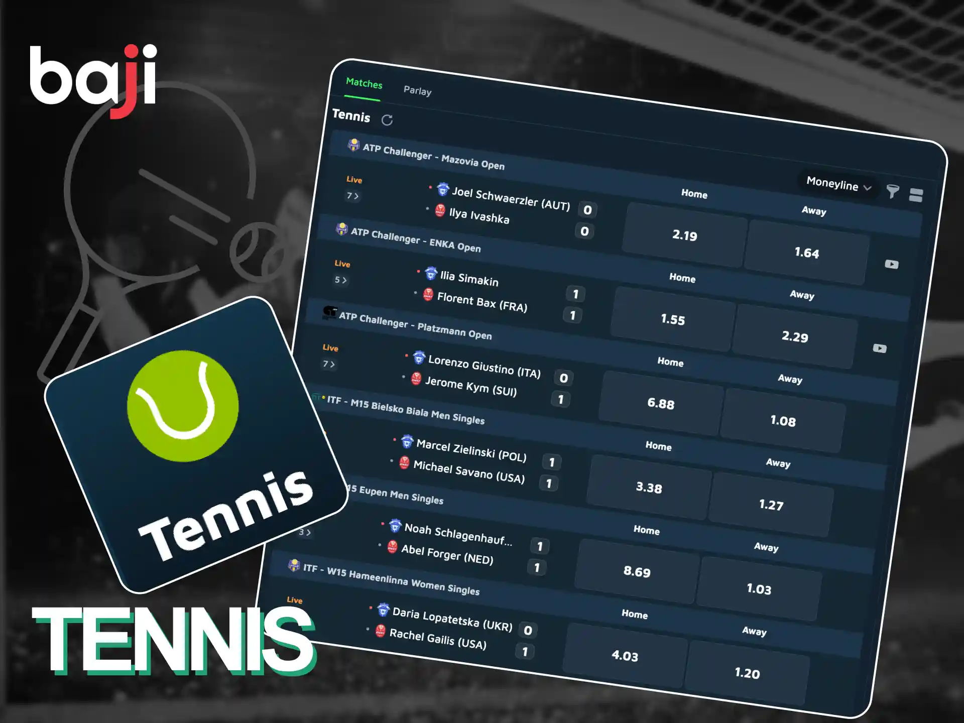 Follow global tennis tournaments and place real-time bets with Baji.